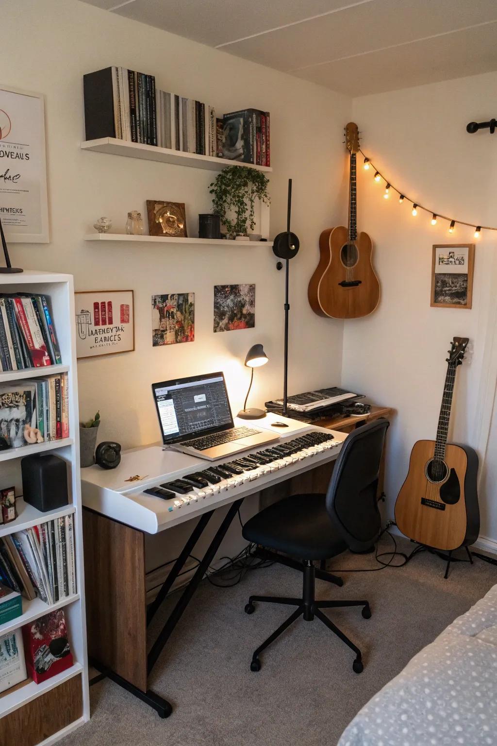 Smart use of a bedroom corner creates a compact and efficient music studio.