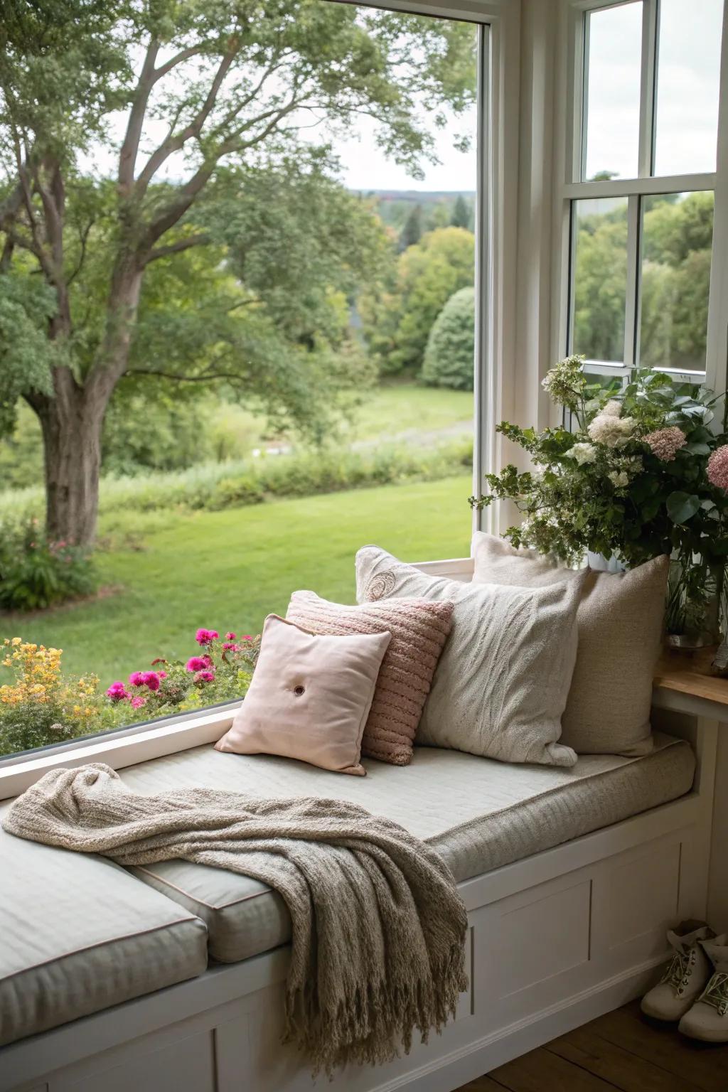 An elegant window seat in a bedroom, excellent for relaxing and enjoying the garden view.
