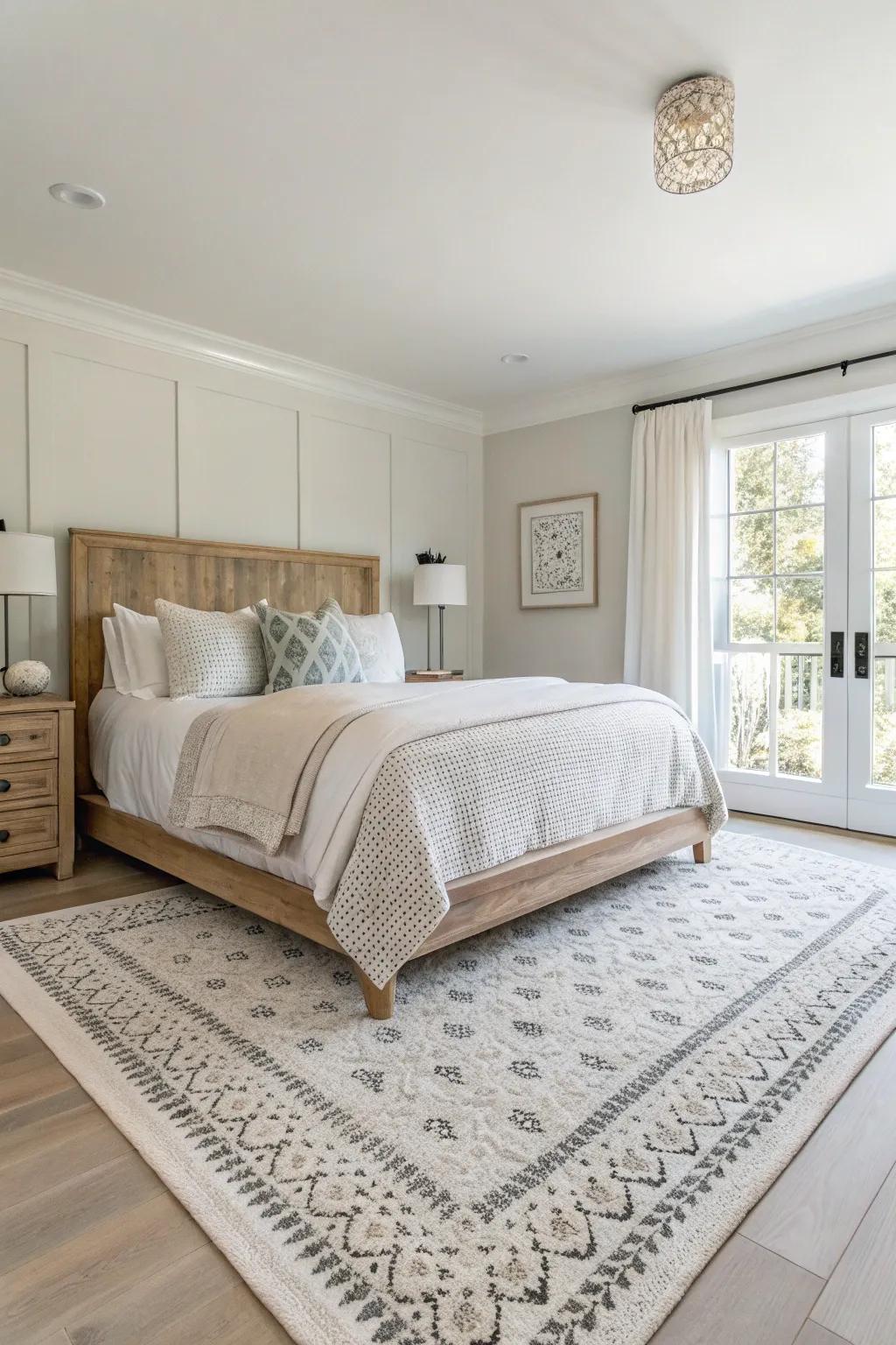 An expansive rug grounds the bedroom and provides warmth.