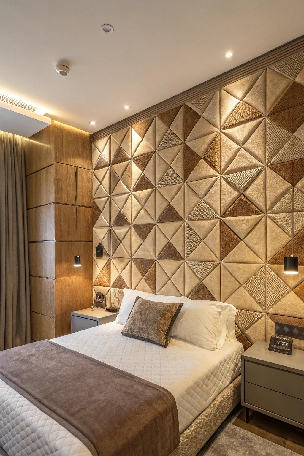 Geometrical embossed wall decor creates an up-to-date and vibrant bedroom ambiance.