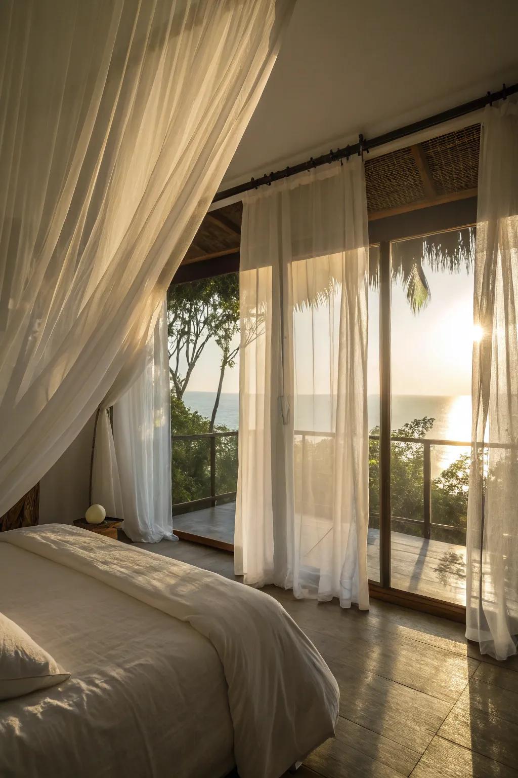 Sheer curtains softly filter sunlight into your bedroom.