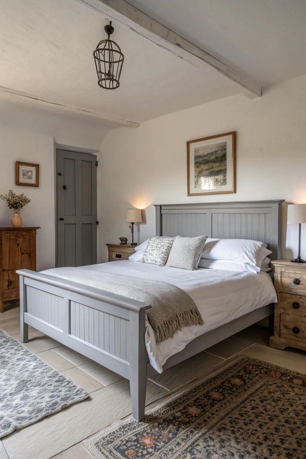 A stylish gray bed frame coordinated with pure white bedding.