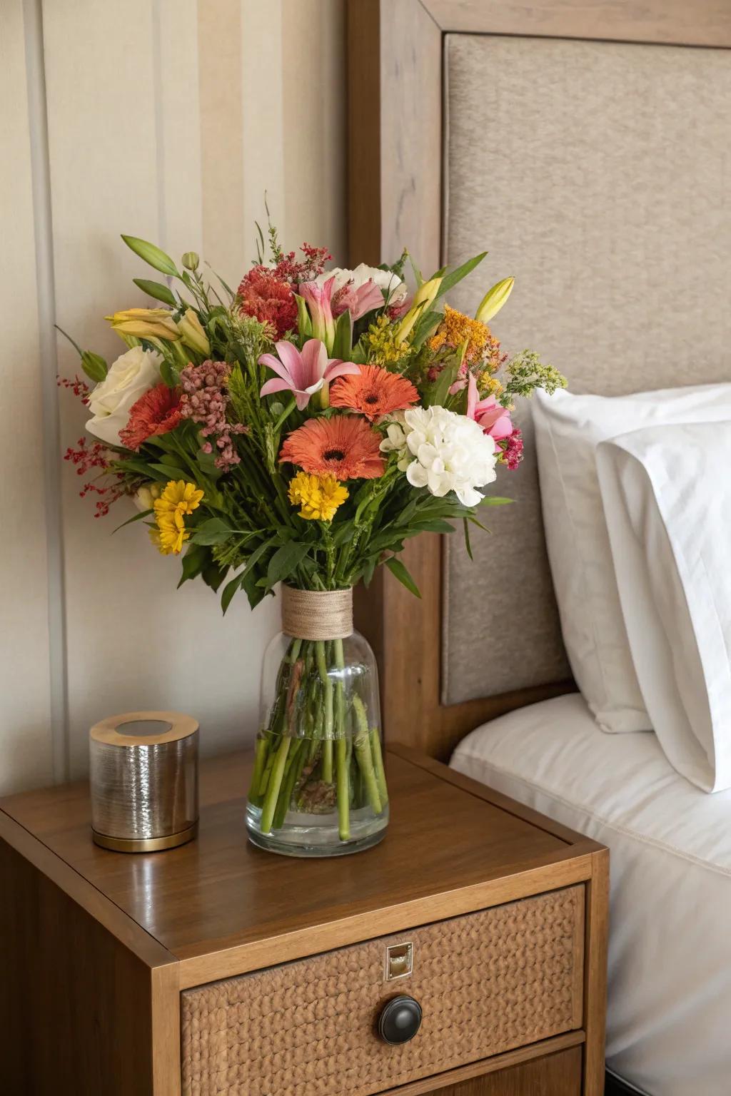 A vibrant vase of blossoms brings vitality to a subdued bedside setting.