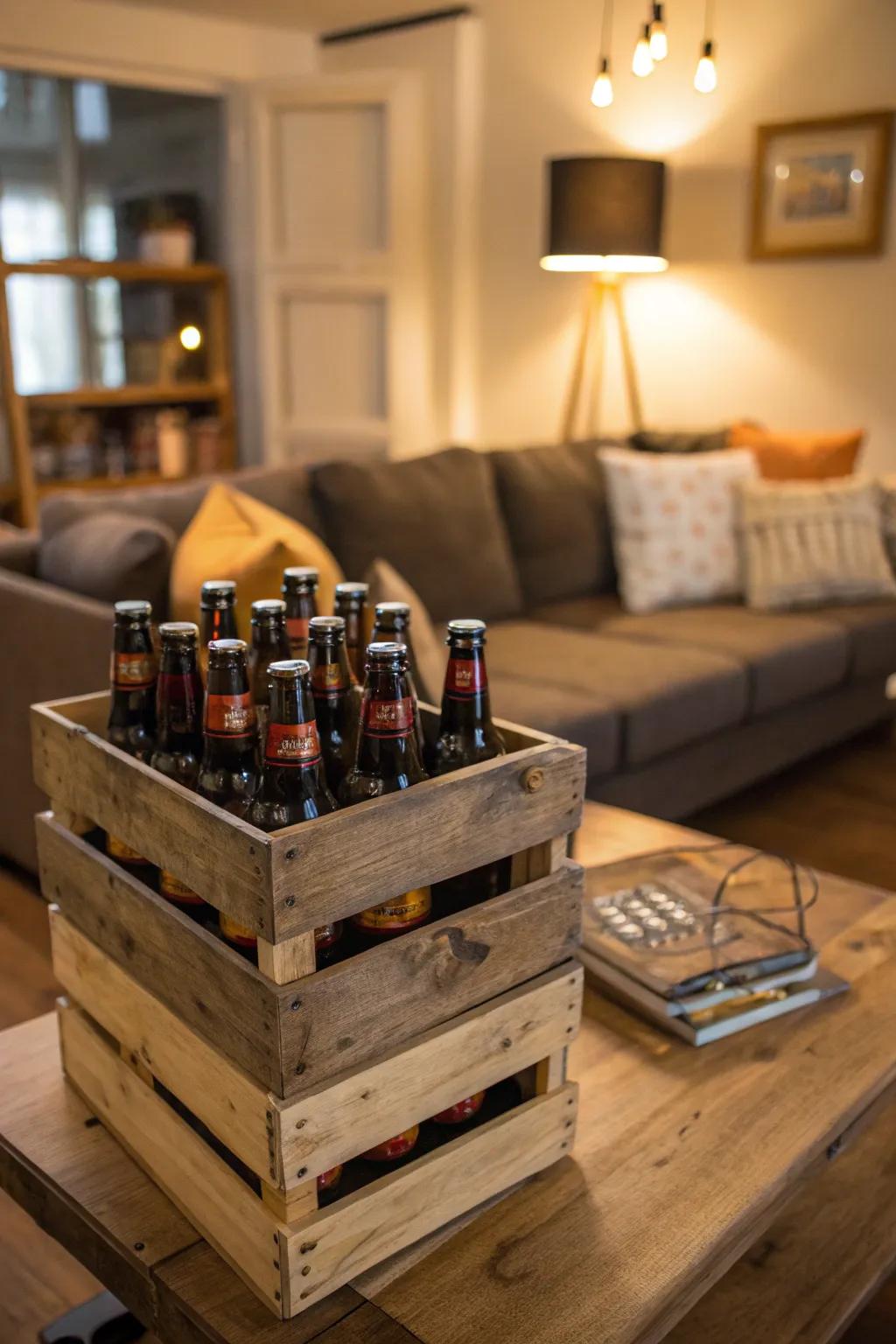 Country wood boxes holding ale bottles in a relaxing living area.
