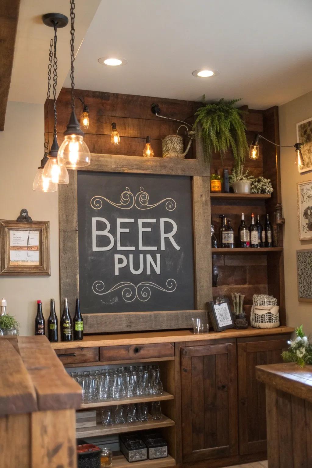 A blackboard featuring a clever beverage joke gives a fun vibe to any bar setup.