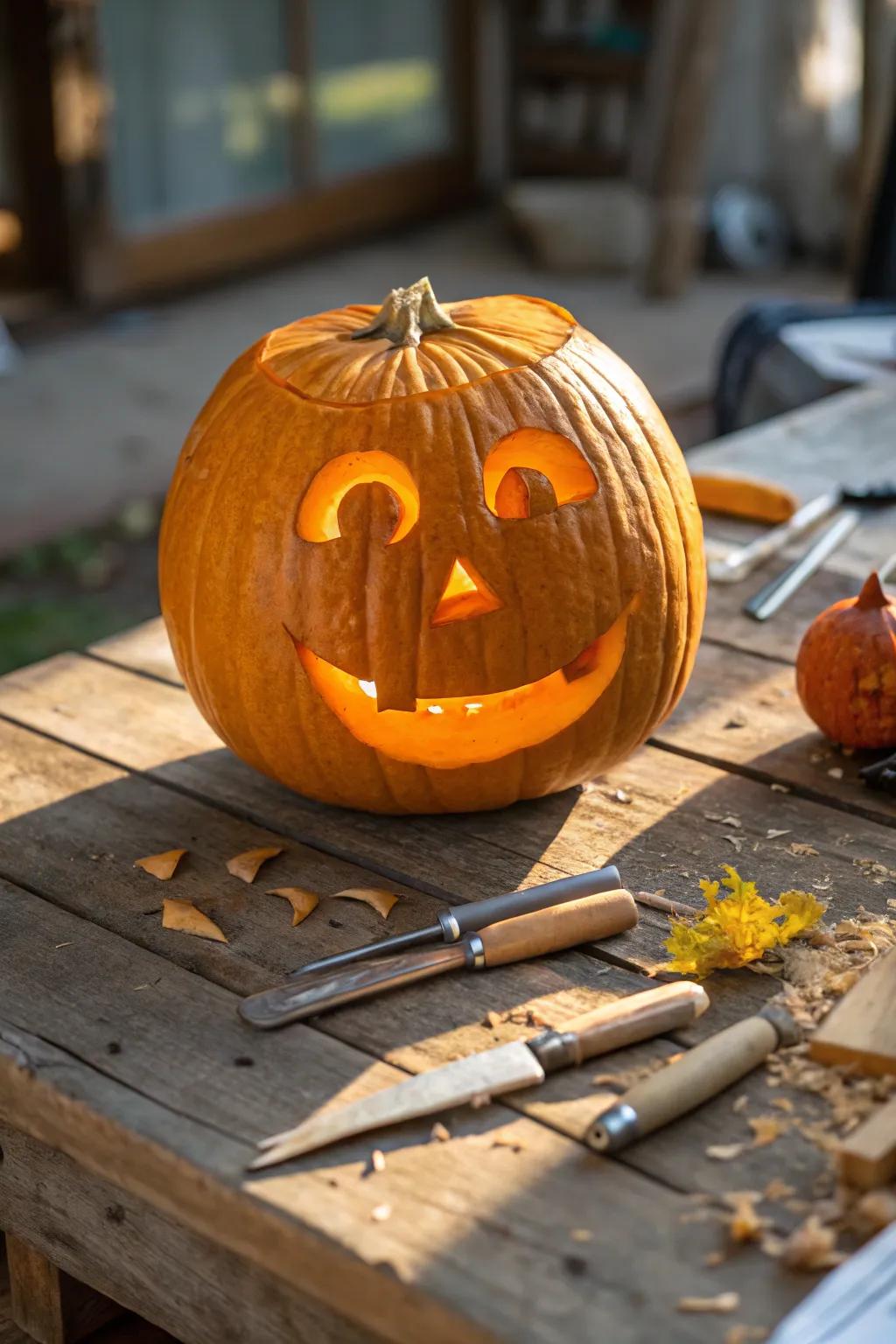 Delight in the simplicity of Halloween with an archetypal smiley-face pumpkin design. Perfect for novices!