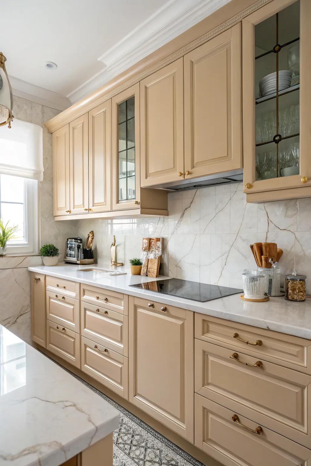 Warm beige cabinets beautifully complement white marble countertops.