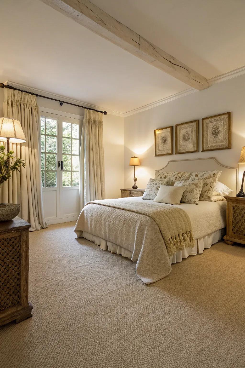 A calming bedroom showcasing a harmonious neutral palette, which highlights the sophistication of a beige carpet.