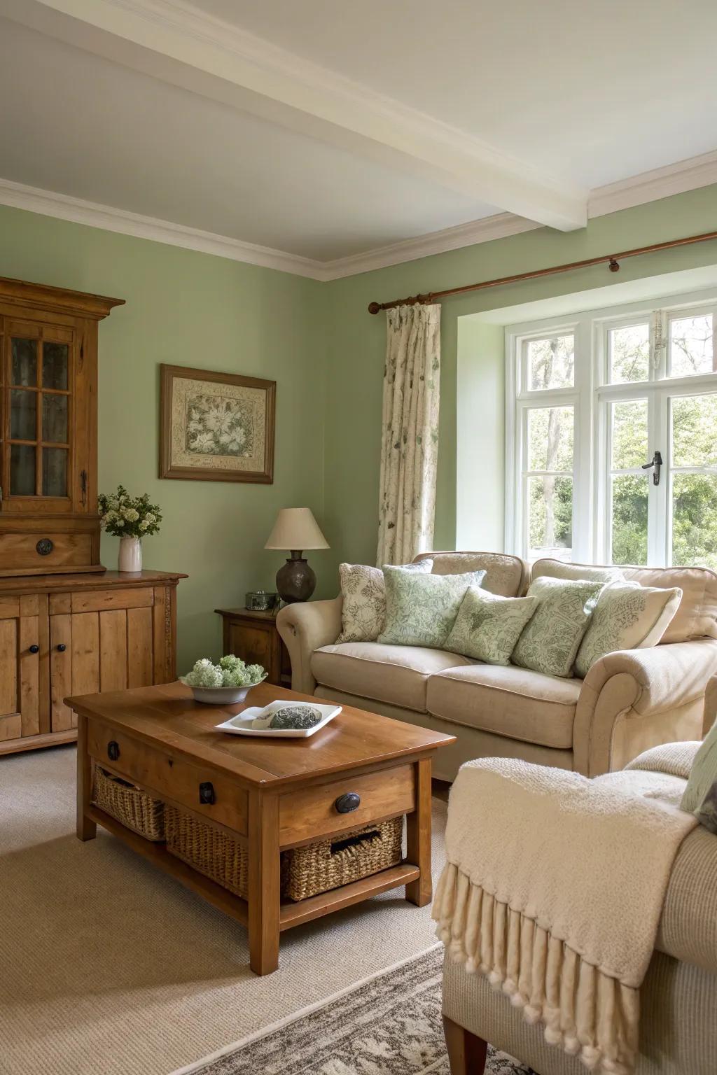 Delicate meadow green walls create a serene and welcoming living space.