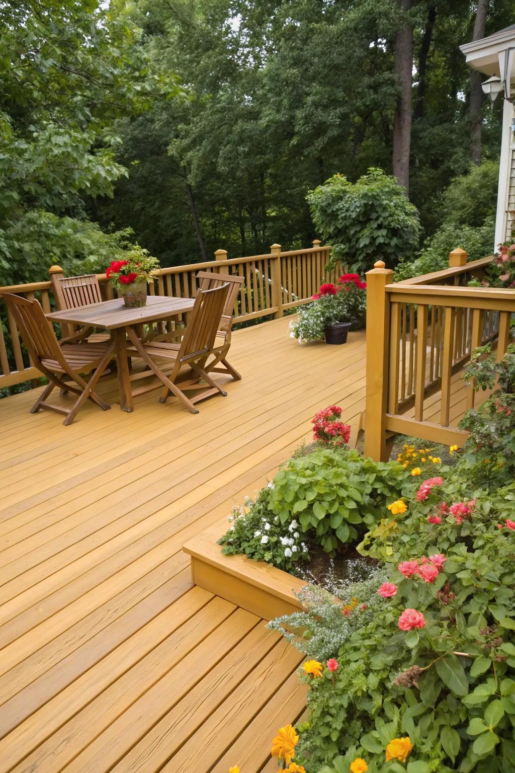 Warm Sunburst deck surface gives a classic warmth that fits any style.