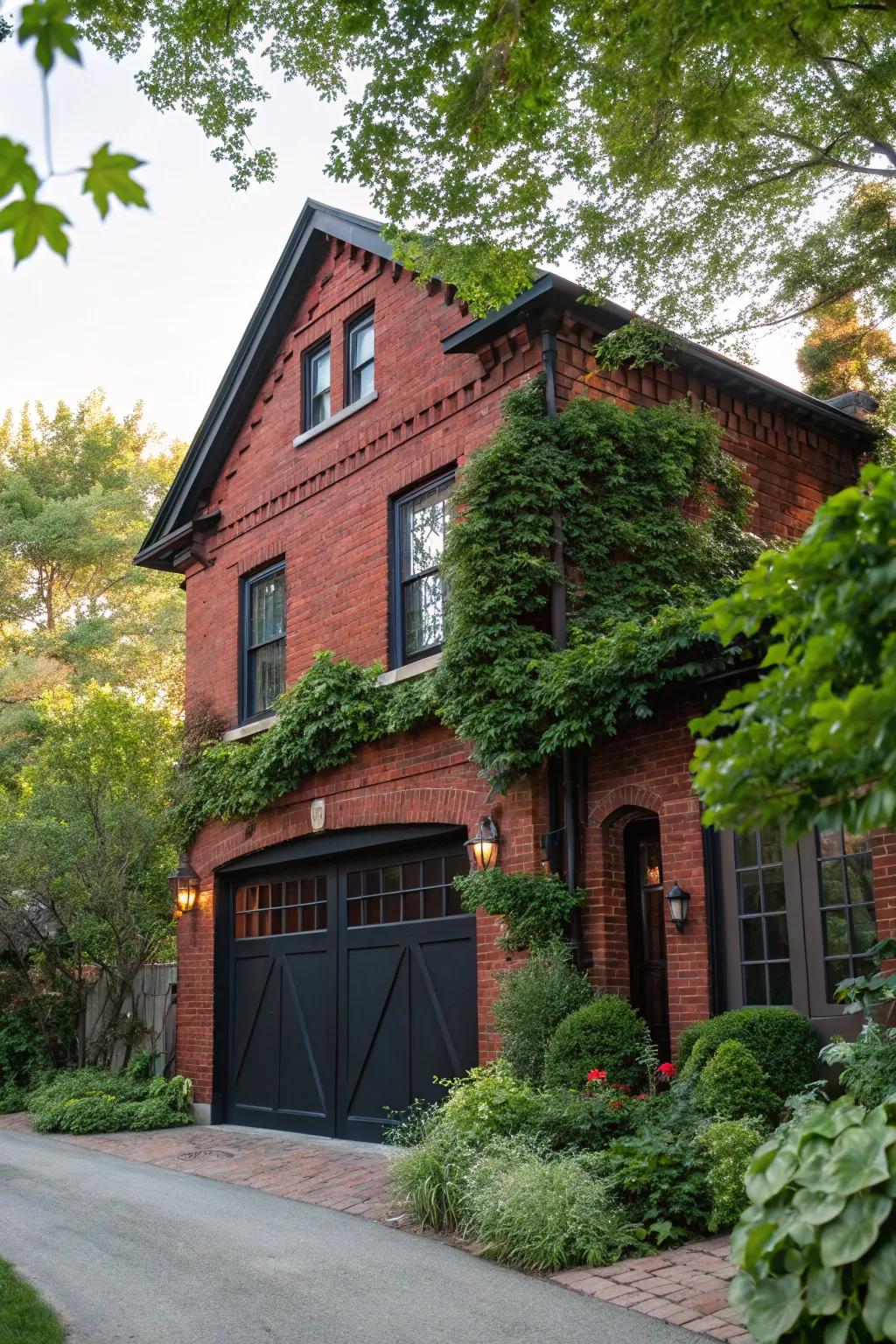 A strong black garage door enhances the sophistication of red brick homes.