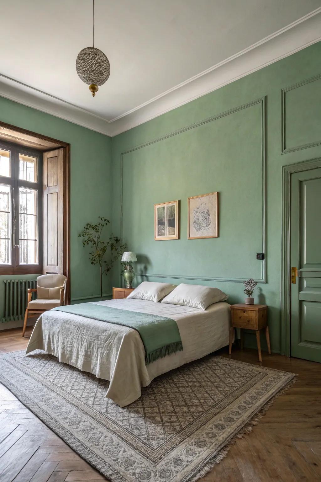 A serene bedroom escape with peaceful willow green walls.