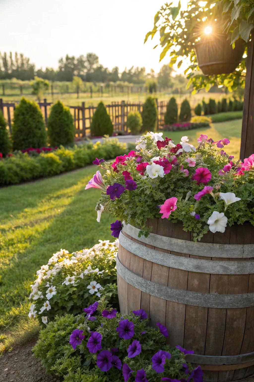 A whiskey barrel overflowing with colorful, cascading Rainbow Flowers.