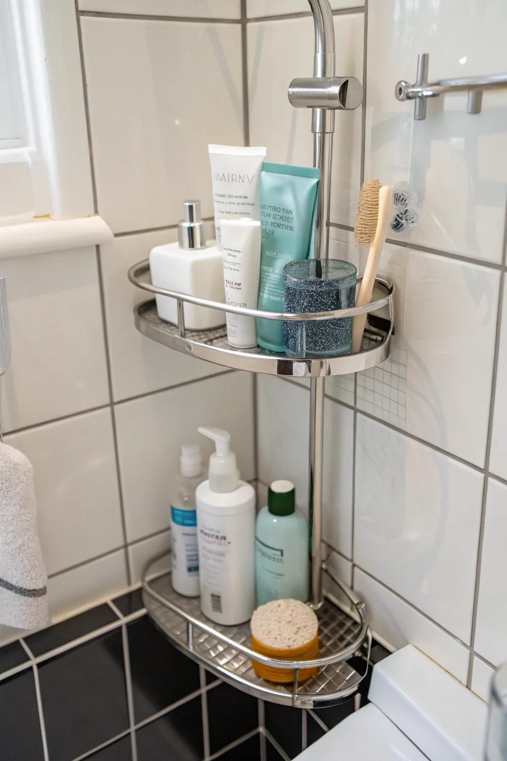 Optimize your space with a corner shower organizer, combining practicality with style.