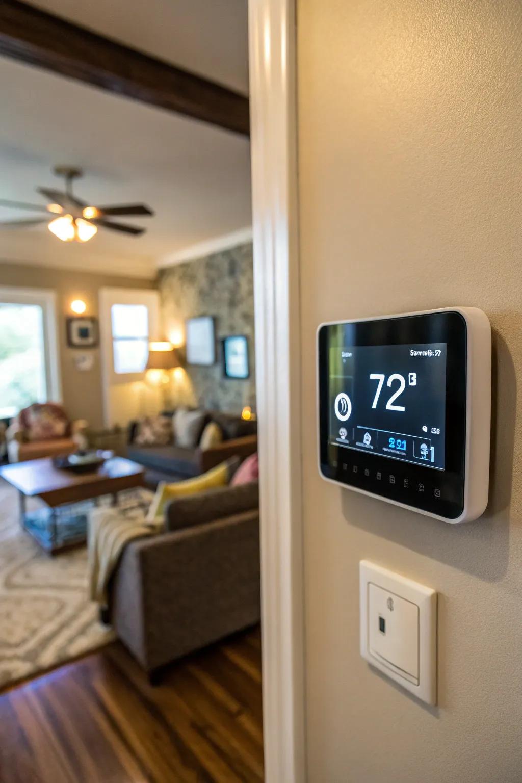 A sleek intelligent thermostat installed on a living room wall, optimizing energy consumption in the home.