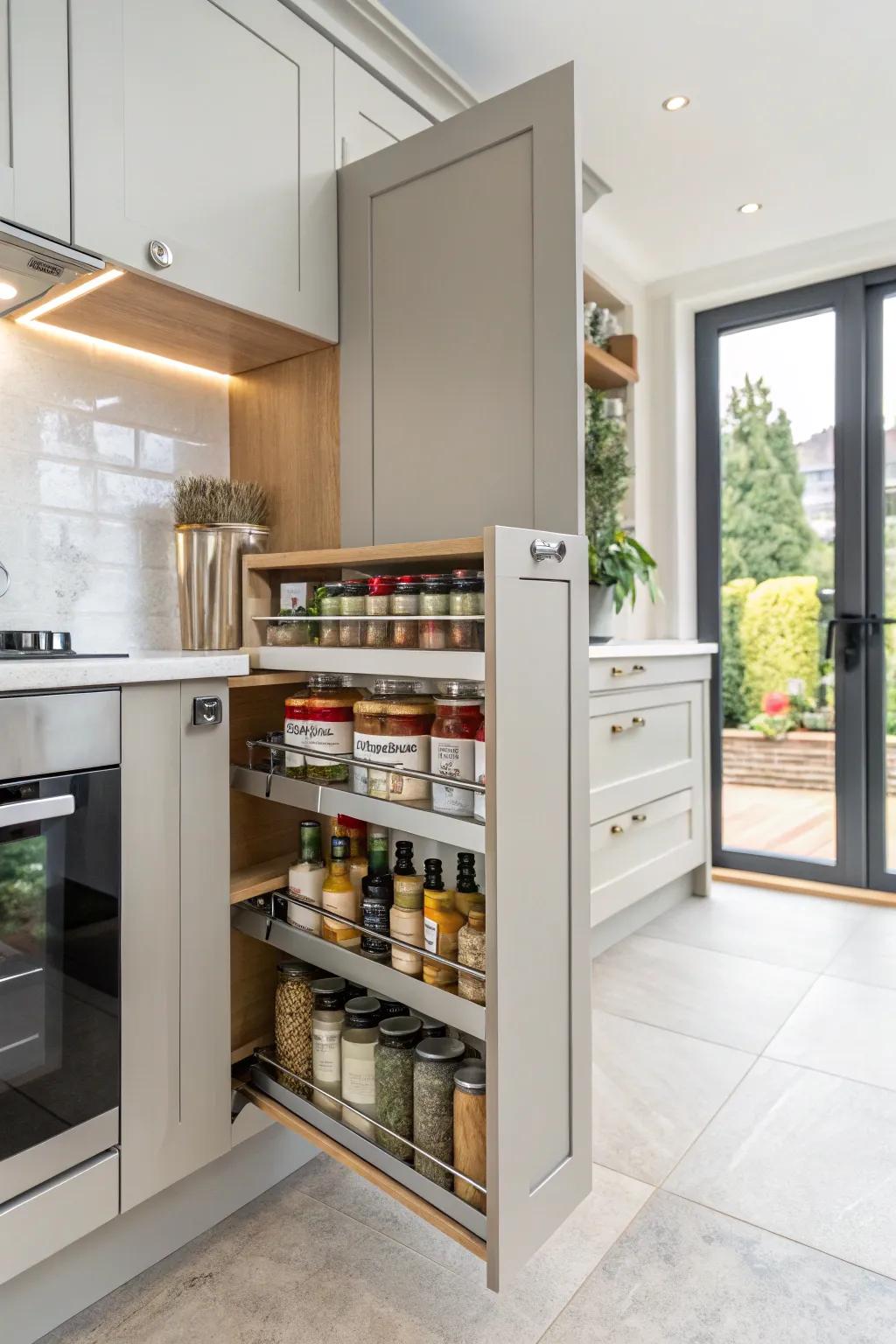 Maximize space with door-mounted spice racks.