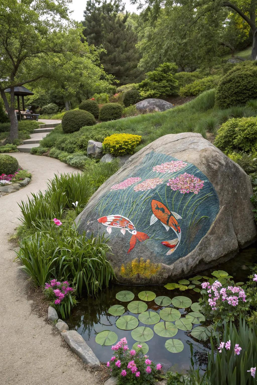 Bring tranquility to your garden with koi fish painted rocks.