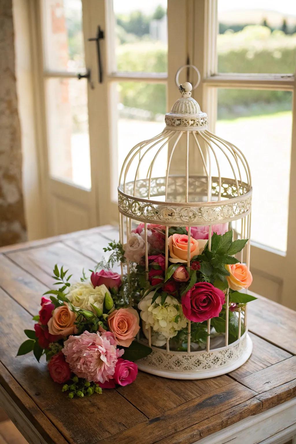 A floral bird cage centerpiece radiating romantic beauty.
