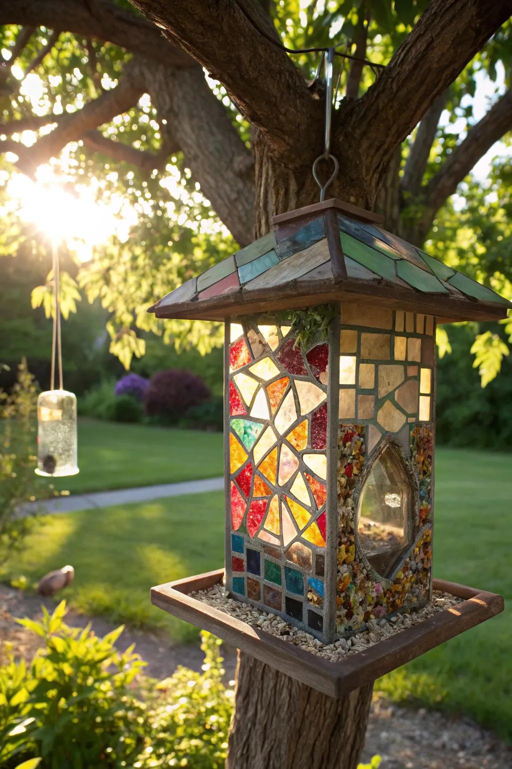 A radiant mosaic bird feeder, bringing artistic elegance to gardens.