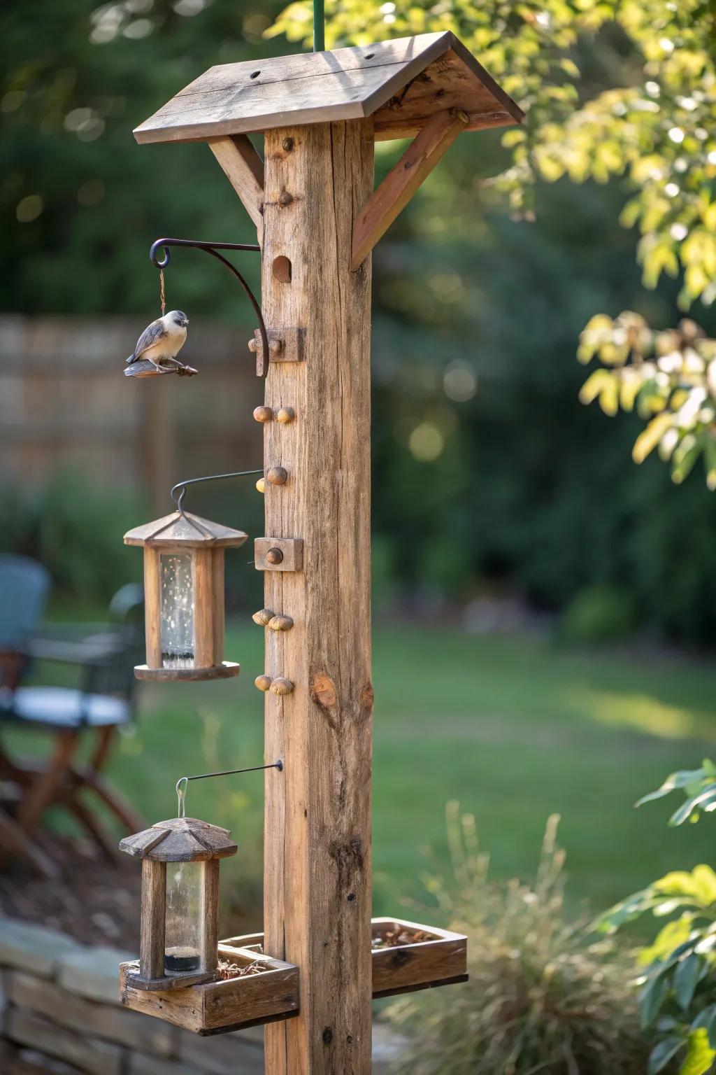 Embrace both rustic allure and sustainability through a bespoke bird feeder post.