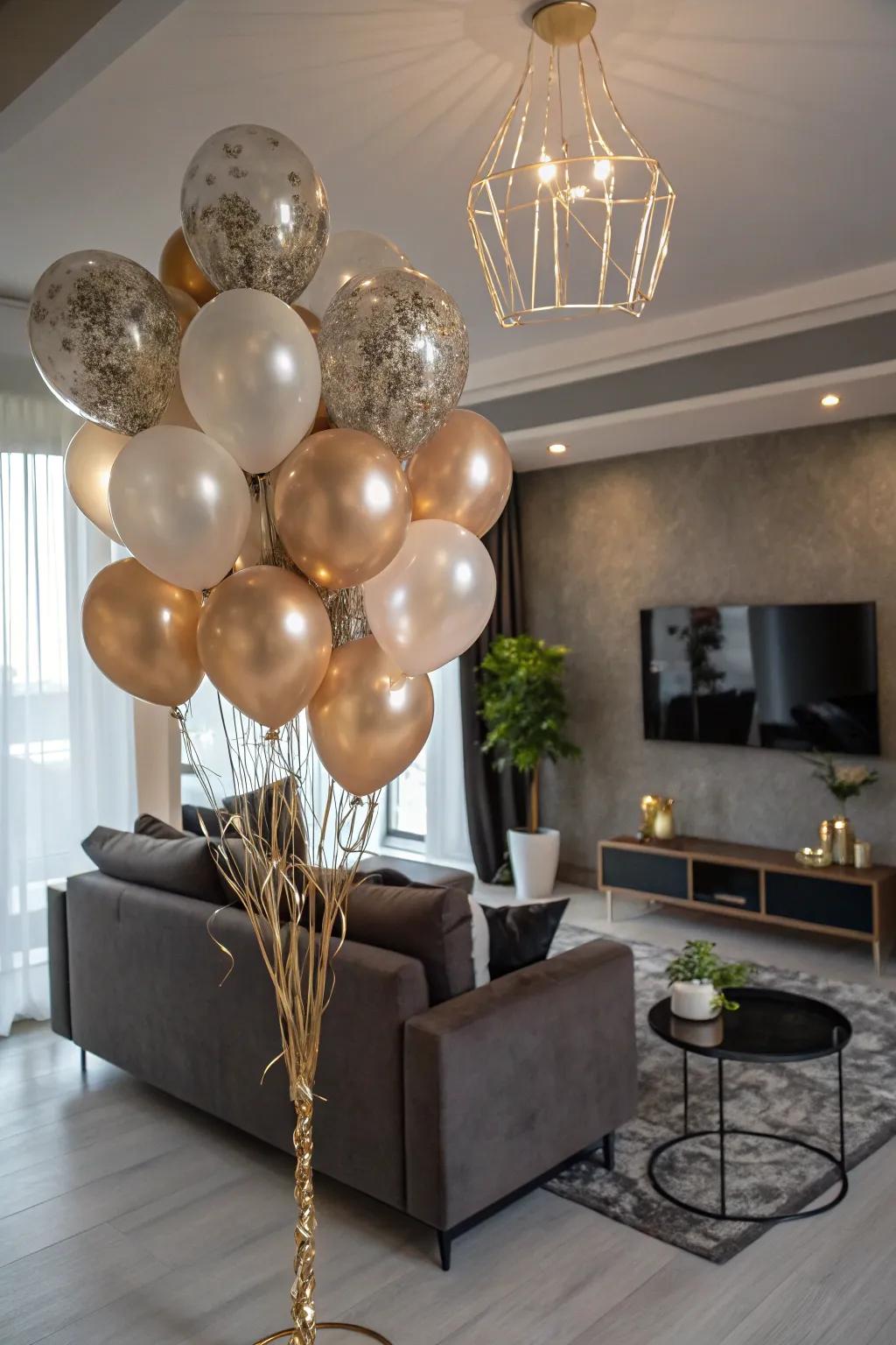 Sophisticated lustrous and velvety balloon arrangements bring elegance to a birthday gathering.