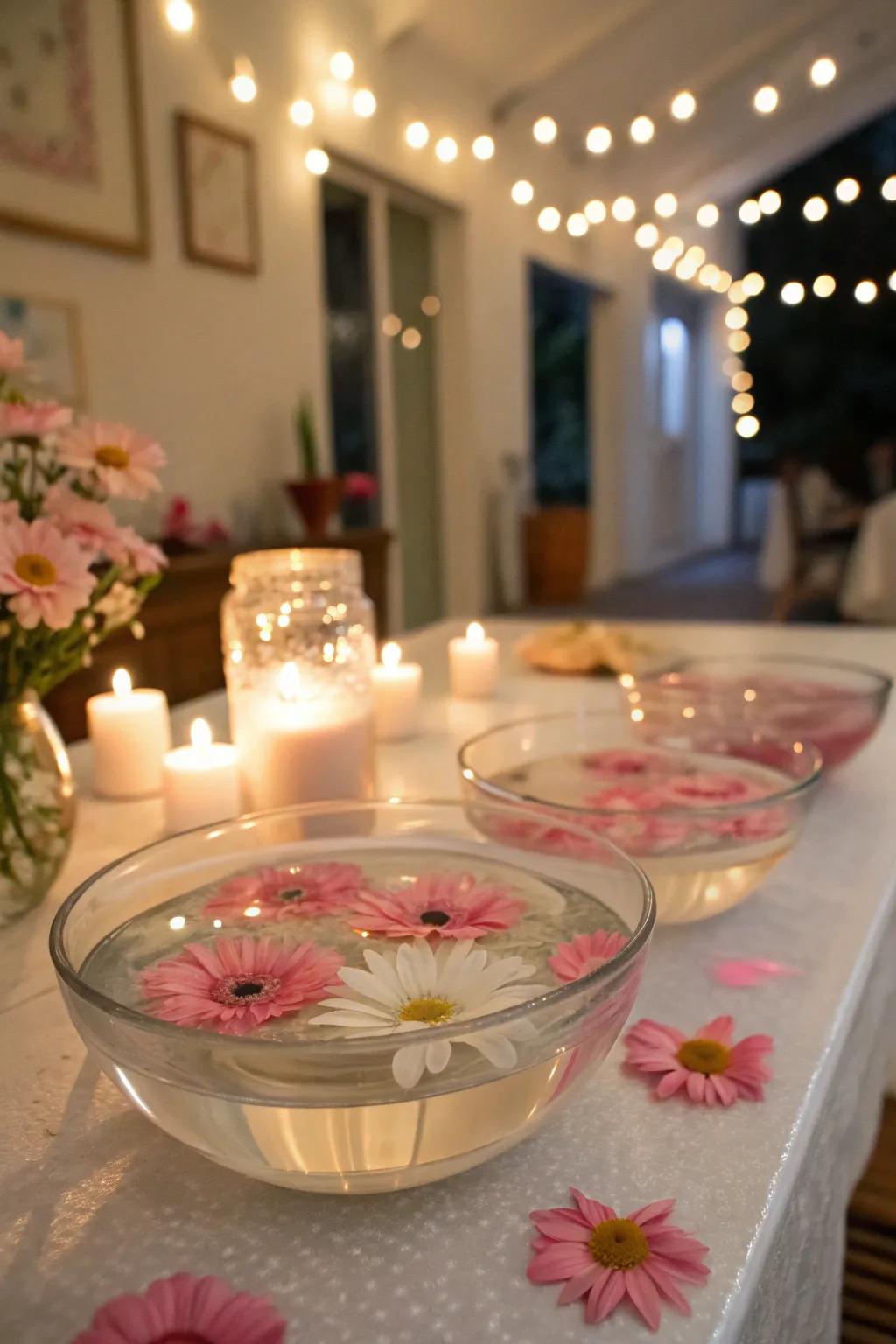 Floating flower centerpieces introduce a refined touch to any table setting.