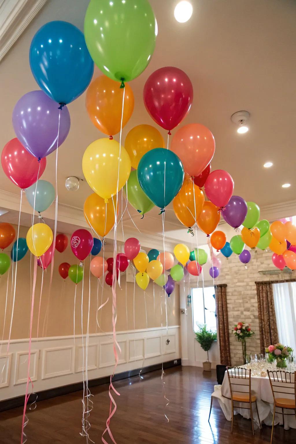 Create a whimsical atmosphere with a room full of floating balloons.