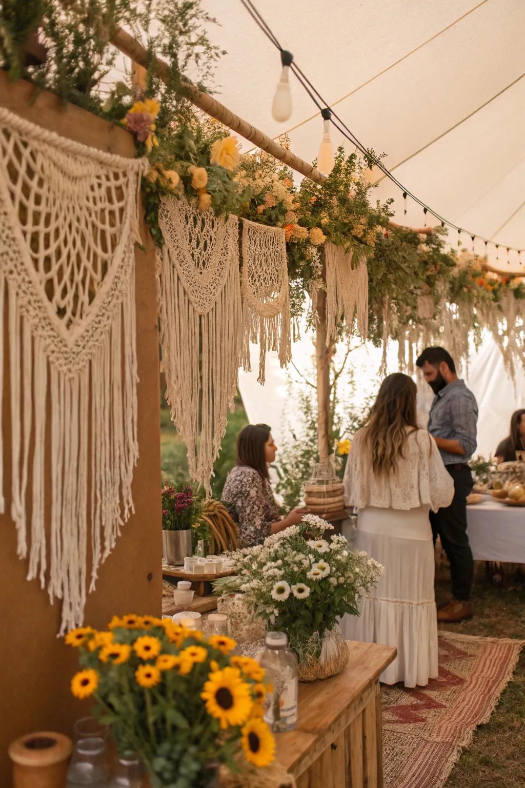 Embrace the bohemian vibe with macram&eacute; and wildflower features.