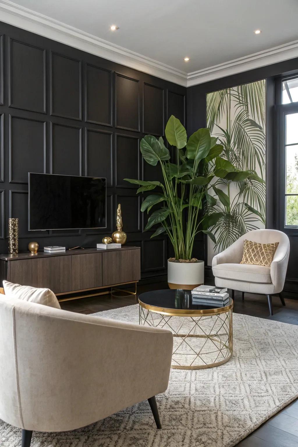 An elegant living room showcasing an ebony wall, paired with contemporary furnishings and lush greenery for a rejuvenated atmosphere.