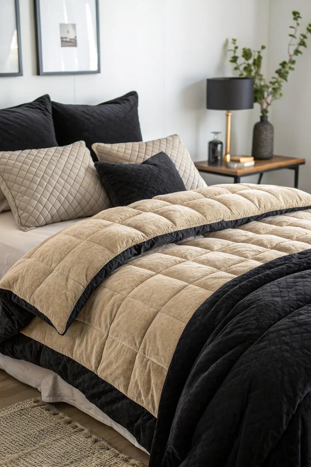 Layering black and beige bedding for an inviting, cozy feel.