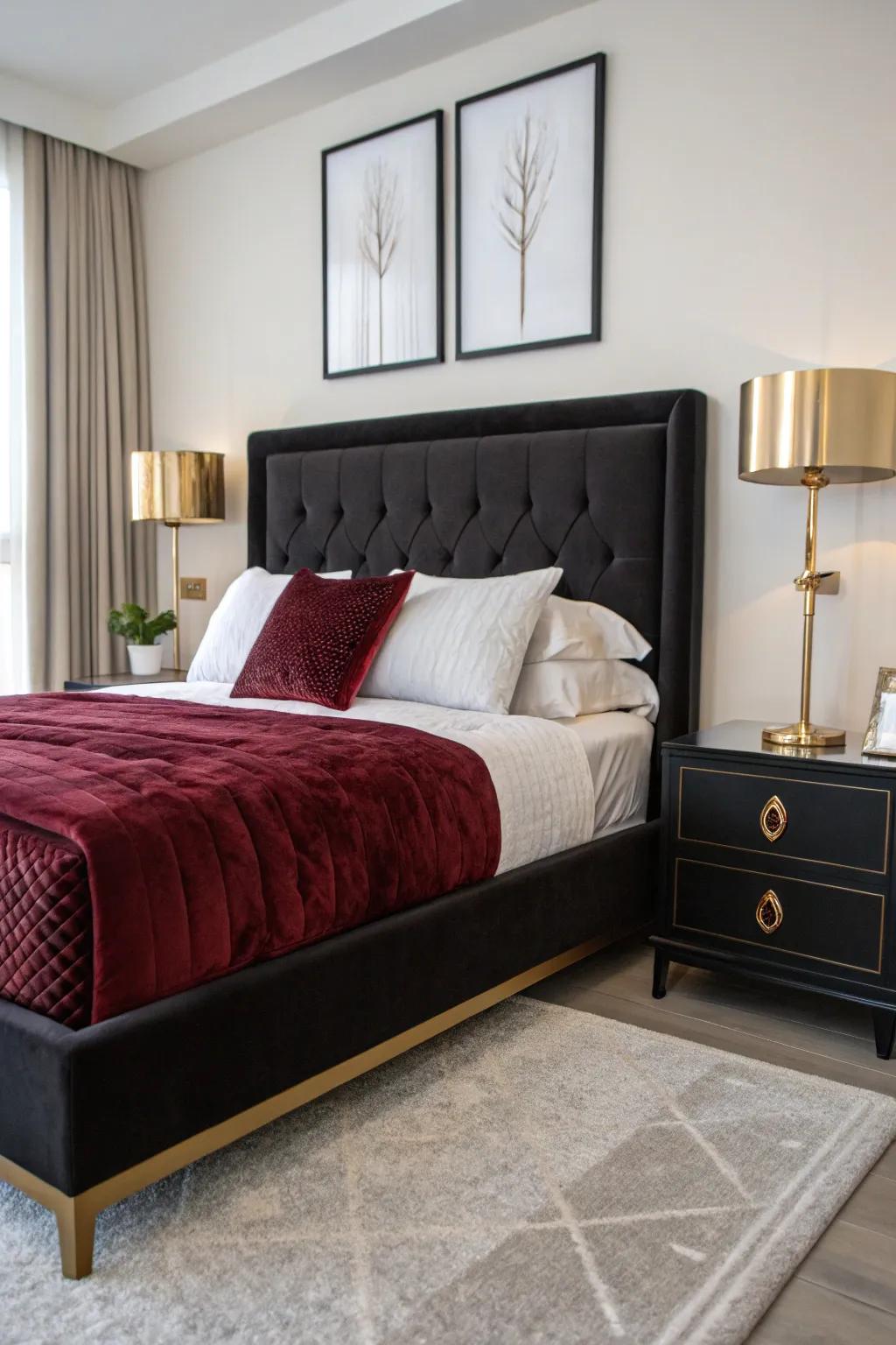 Use black and burgundy bedding to create a centerpiece that radiates luxury and coziness.