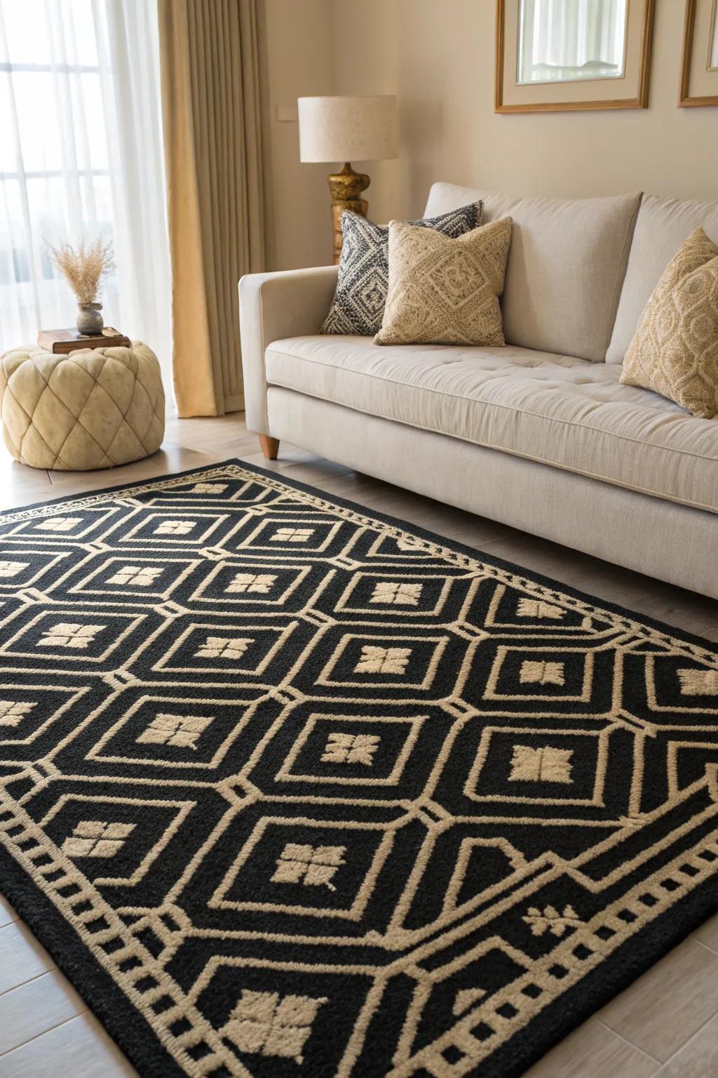 An impressive geometric floor covering and cushions in ebony and ivory generate visual allure and refinement.