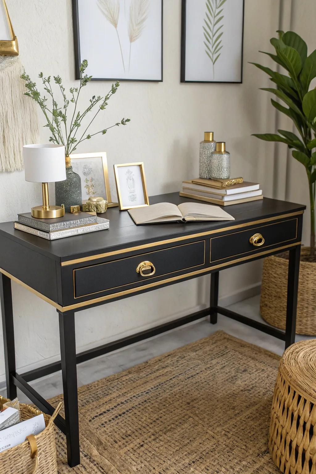 An ebony writing desk with gilded detail introduces a refined element to any office setting.