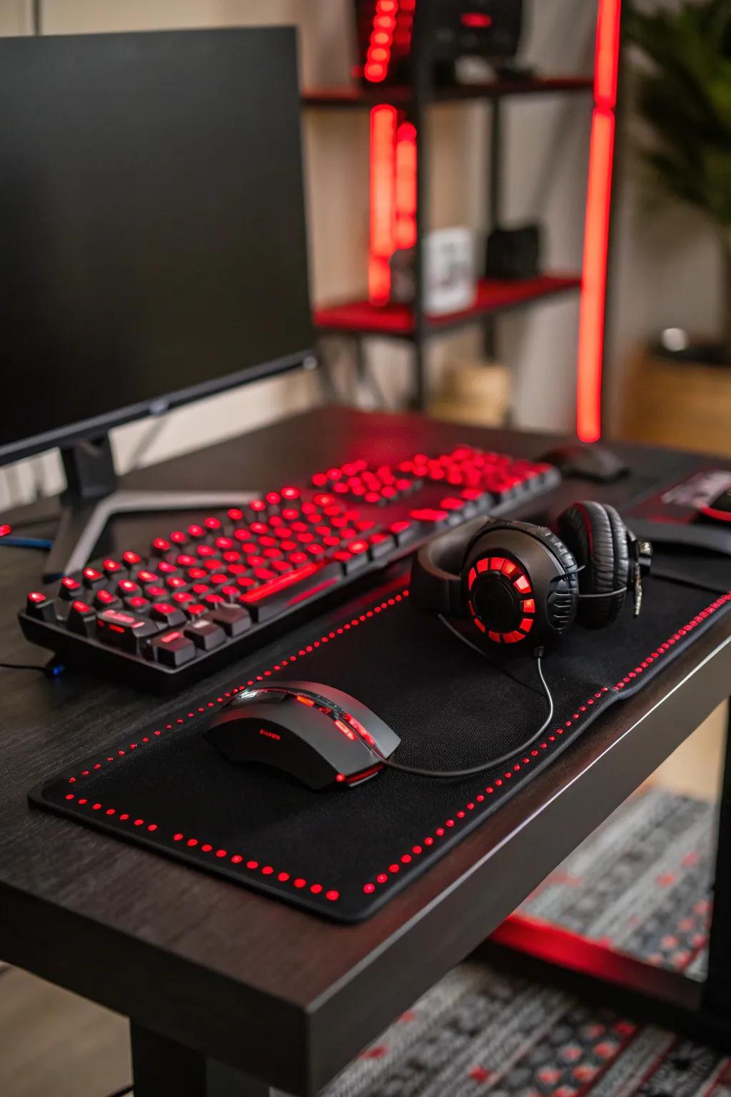 Red LED lights cast a gentle glow on a black gaming desk, enhancing the mood.