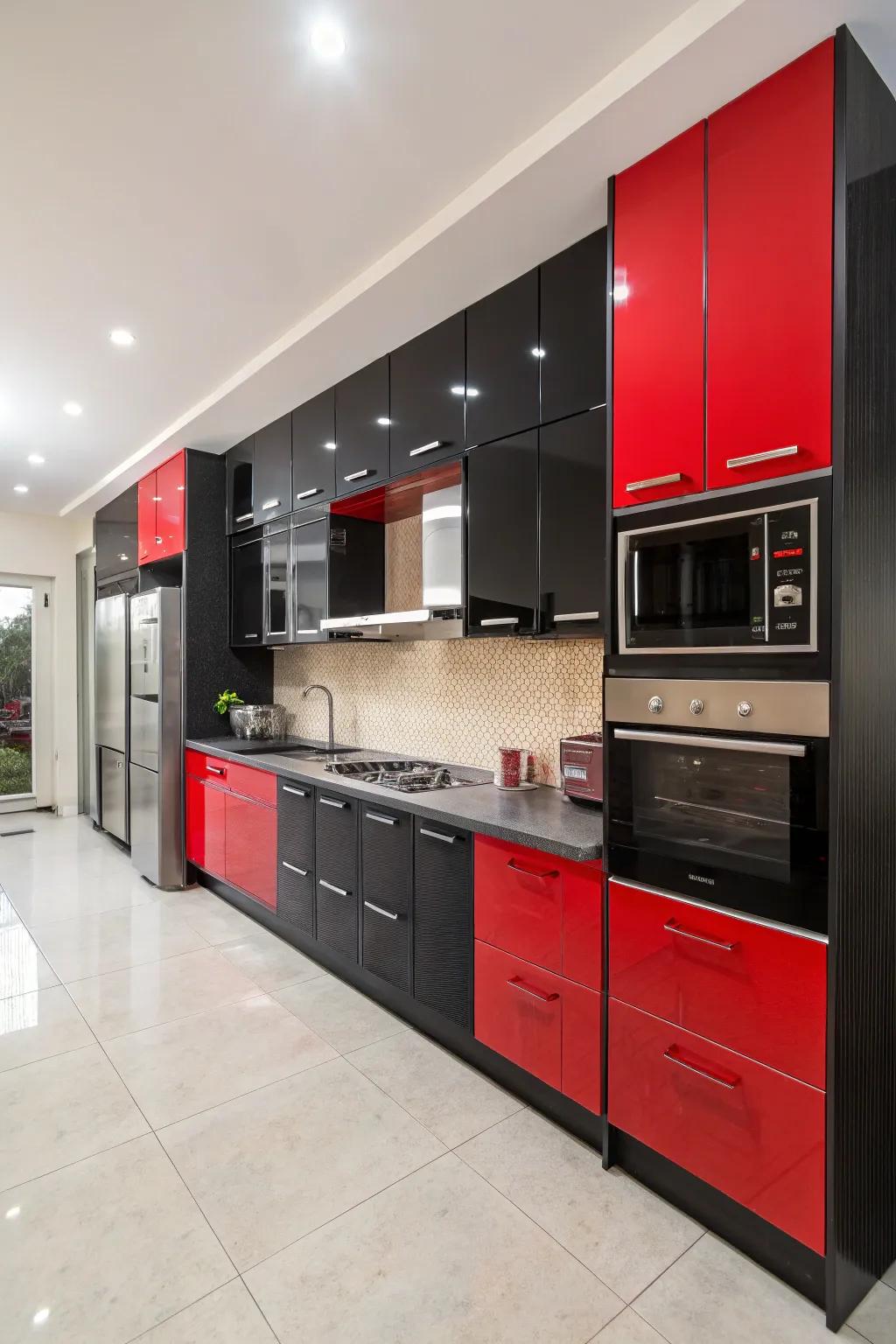Dual-tone cabinetry in ebony and scarlet establishes a daring visual proclamation.