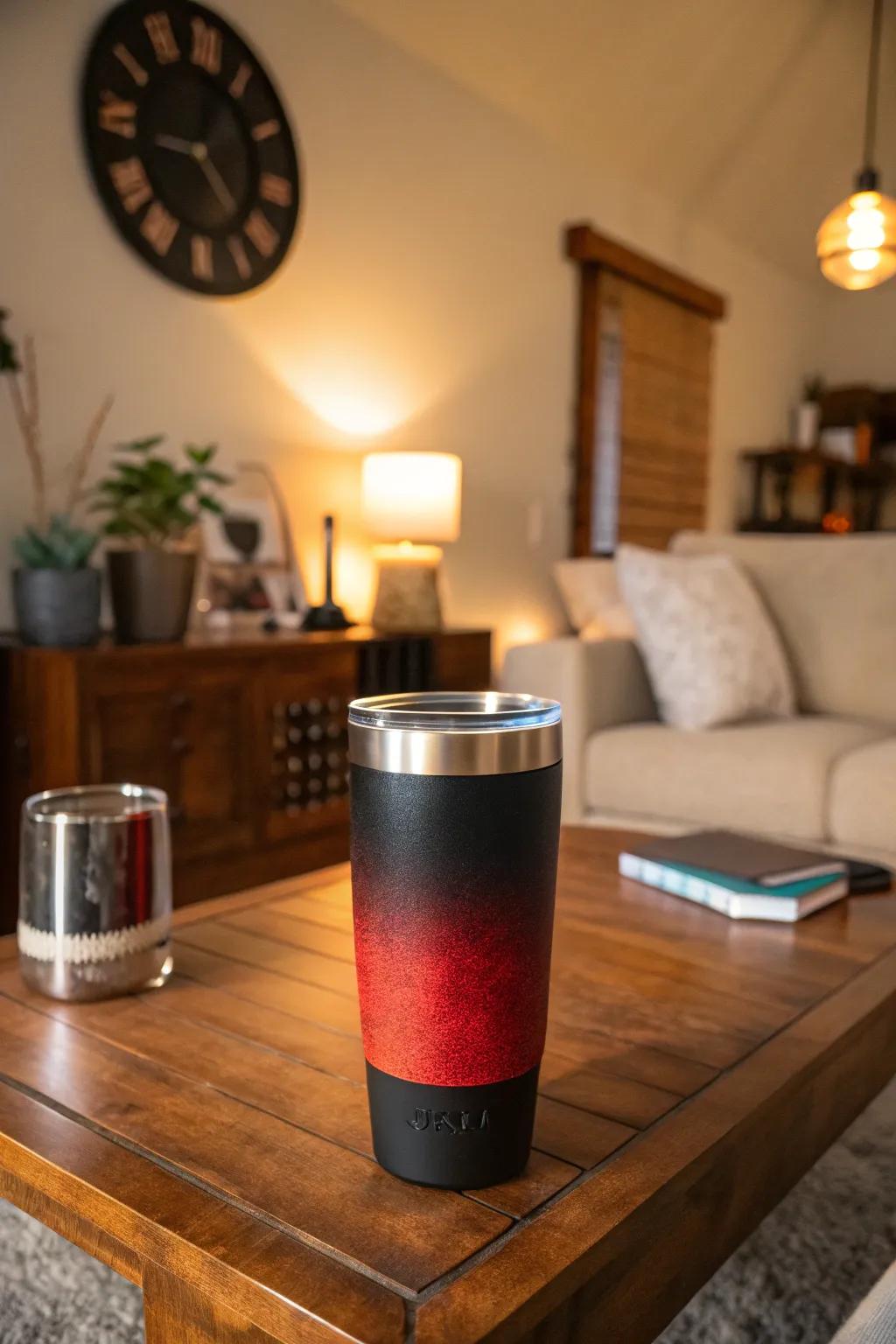 An elegant tumbler with a smooth black to red gradient, radiating sophistication.