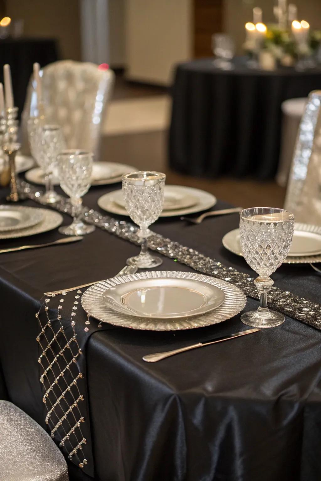 A refined table arrangement with slate and chrome details.
