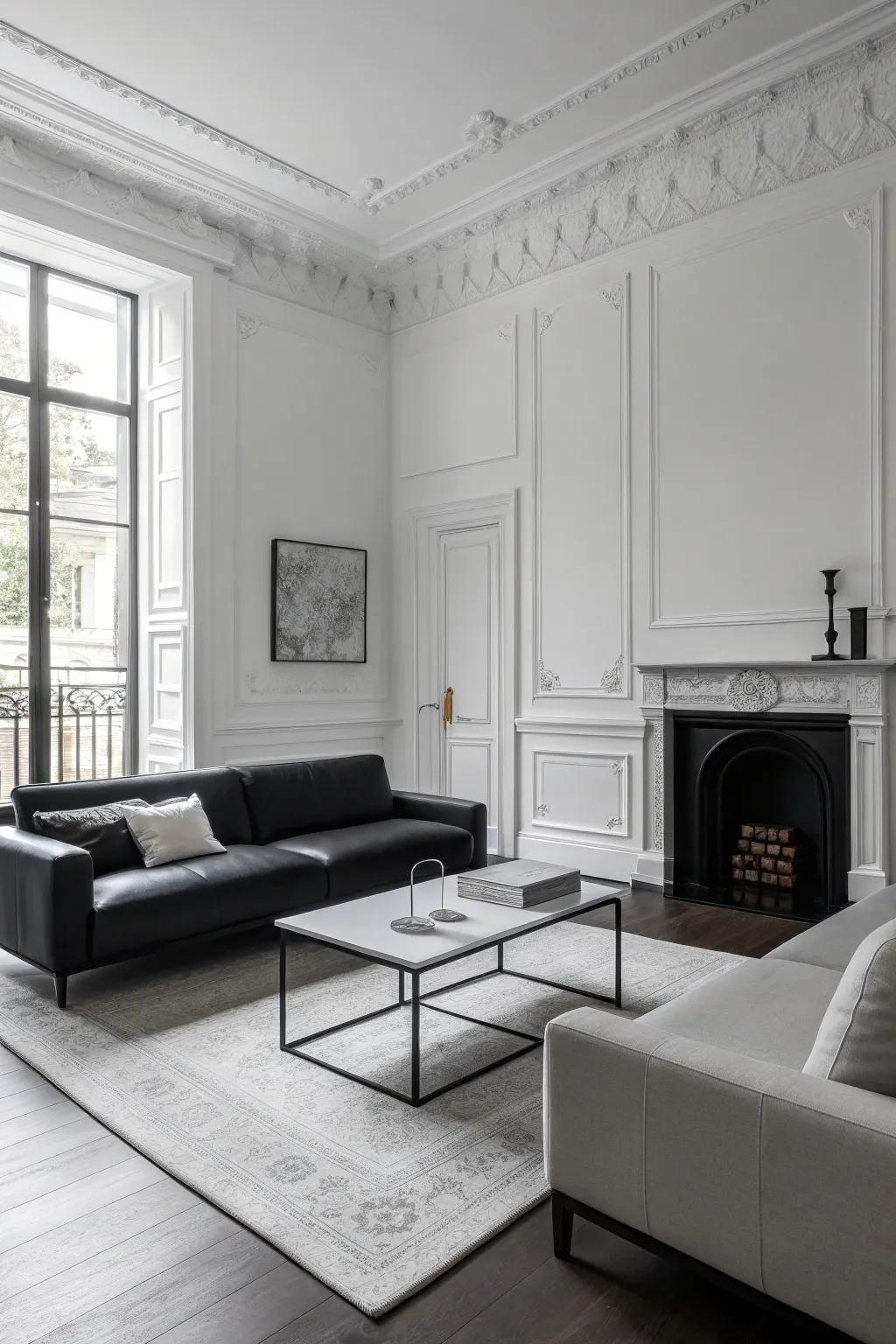 A minimalist living space in black and white featuring thoughtfully chosen, upscale furniture.