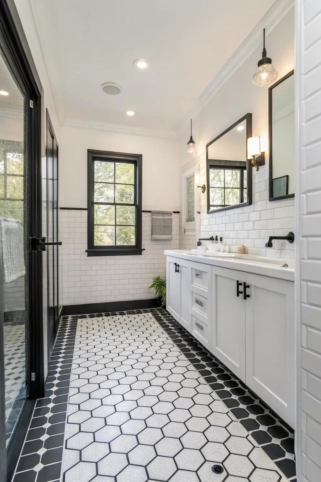 Geometric tiles provide a strong base for a black and white bathroom.