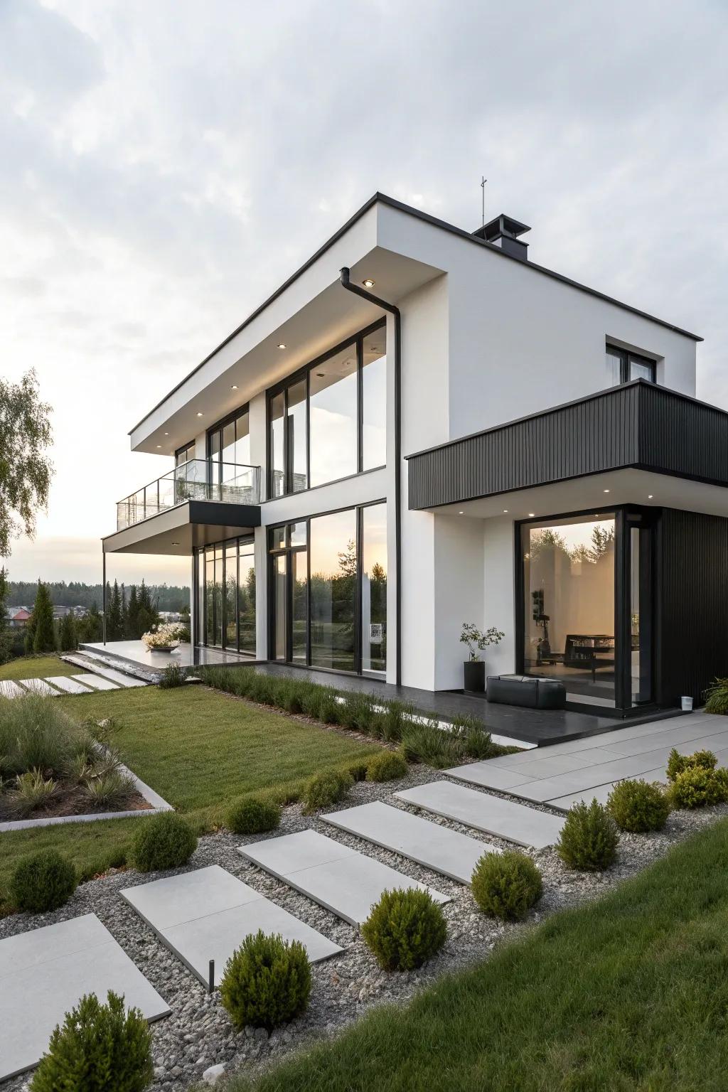 A modern residence showcasing a stylish black and white exterior and minimalist garden design.