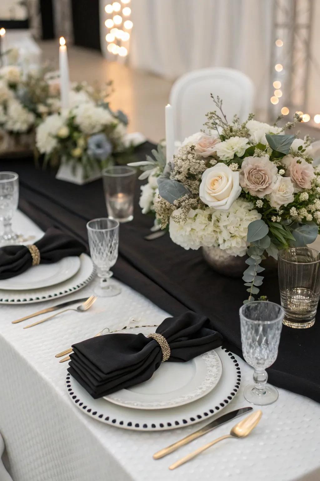 Elegant table settings using a monochrome palette create a timeless aesthetic.