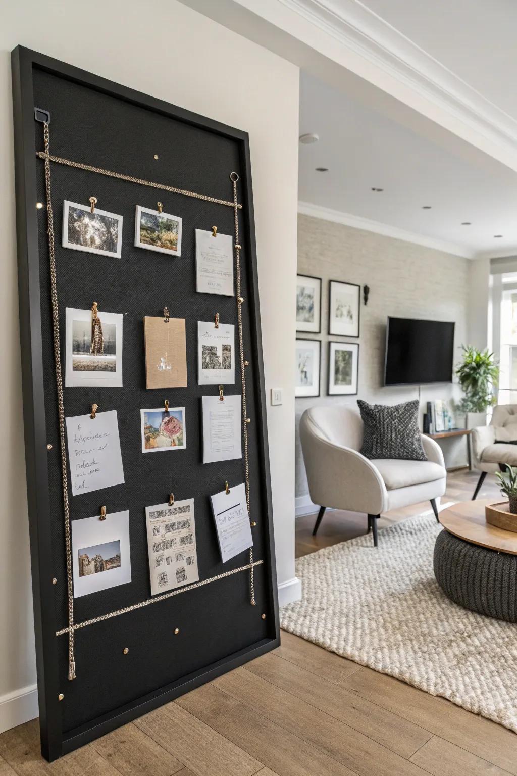 With a dark notice board, minimalism effortlessly combines with practicality to showcase your most treasured memories.