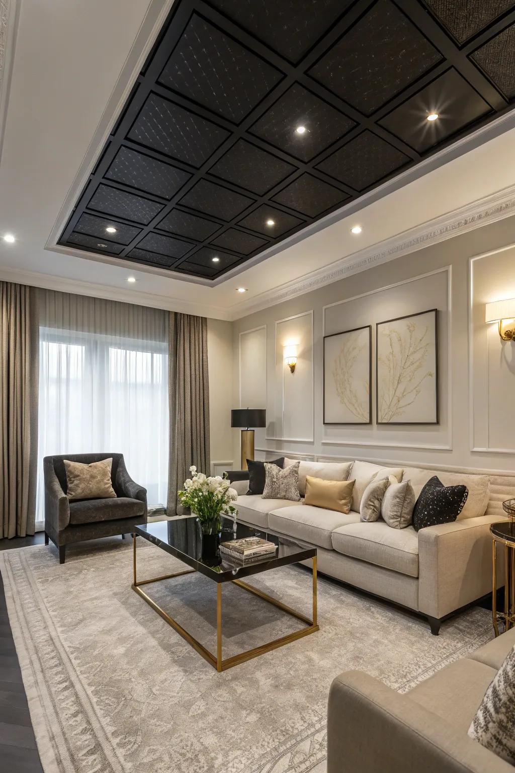 A stylish living room showcases a black ceiling radiating elegance.