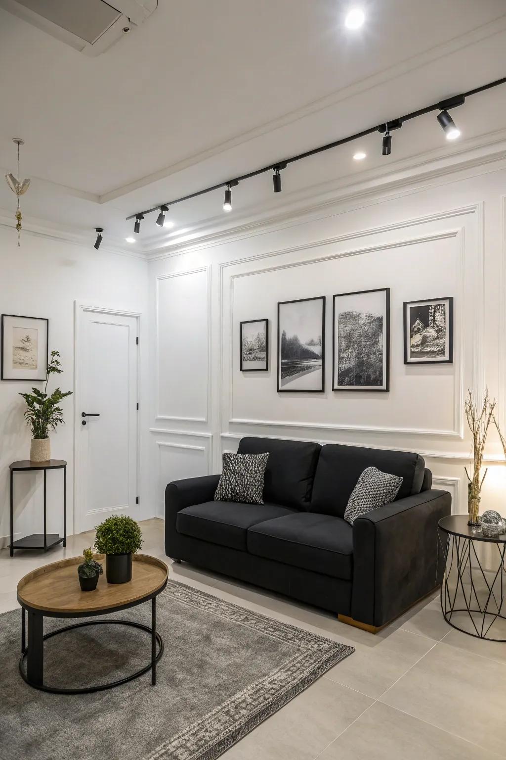 Simple elegance showcased by a midnight sofa and monochrome design.