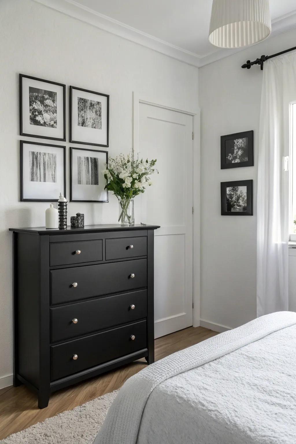 A minimalist bedroom where a dark stained dresser is the focal point.