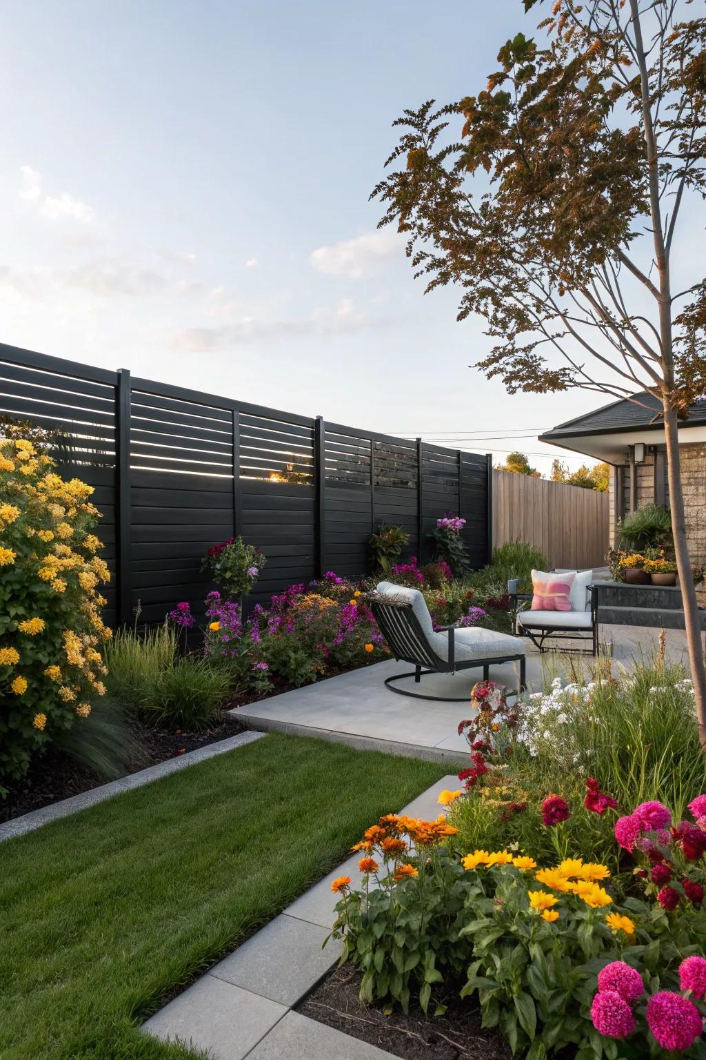 A sleek black fence with horizontal lines creates a stunning contrast with vibrant garden flowers.