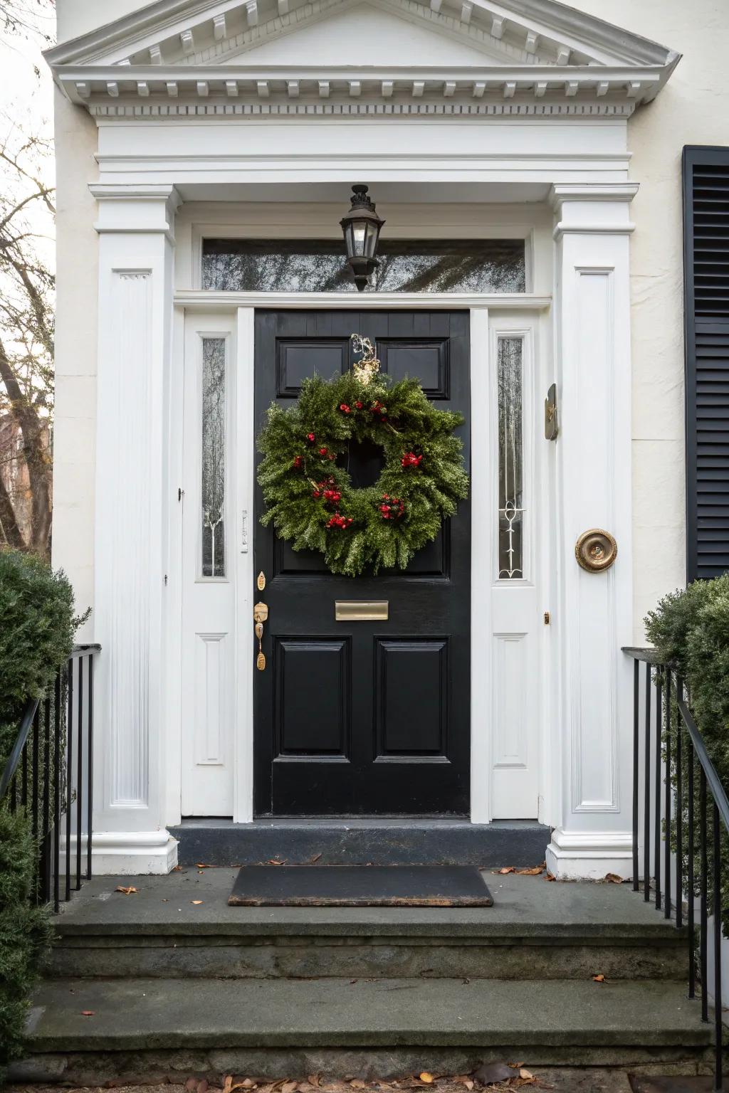 A traditional dark-toned entrance made welcoming with a lovely wreath for the season.