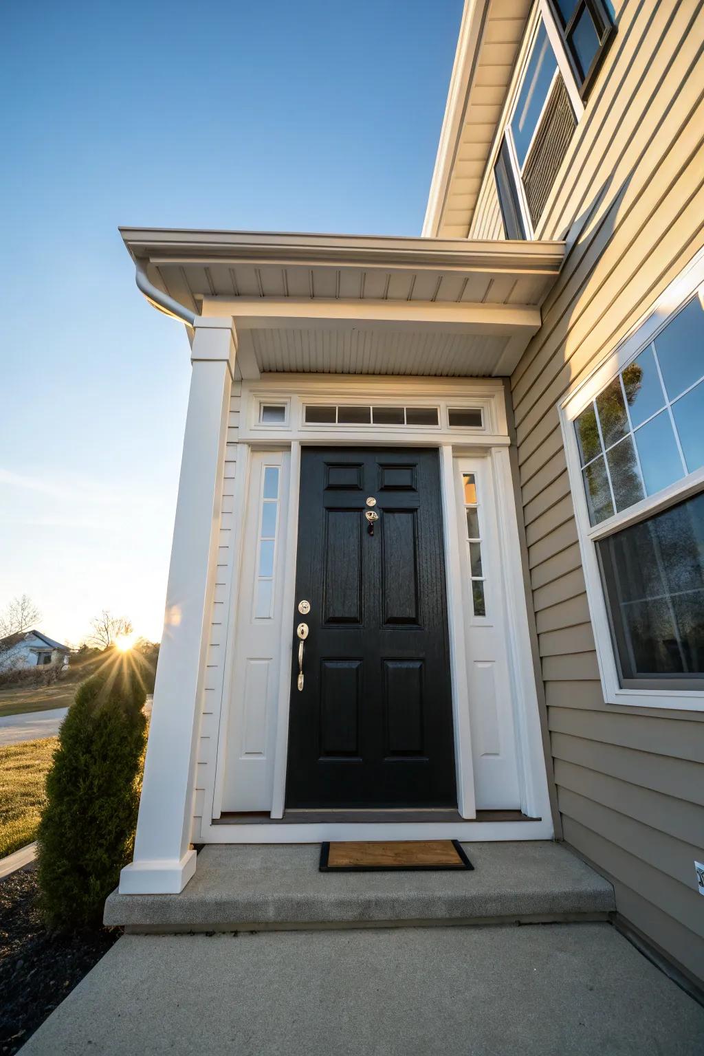 A stunning black door paired with white trim makes a bold statement against the backdrop of neutral siding.