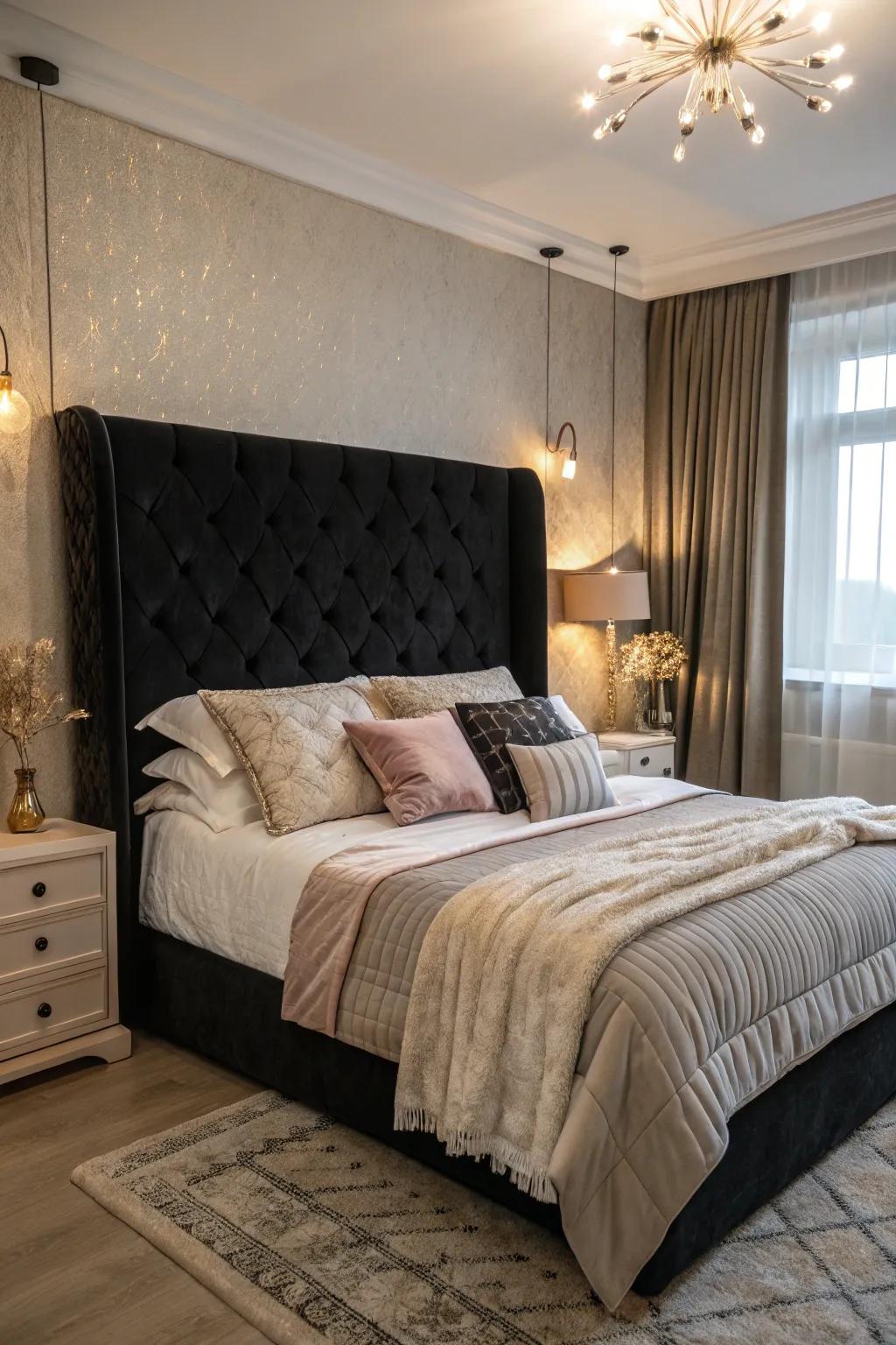 Lavish bedroom featuring a dark, plush headboard and comforting details