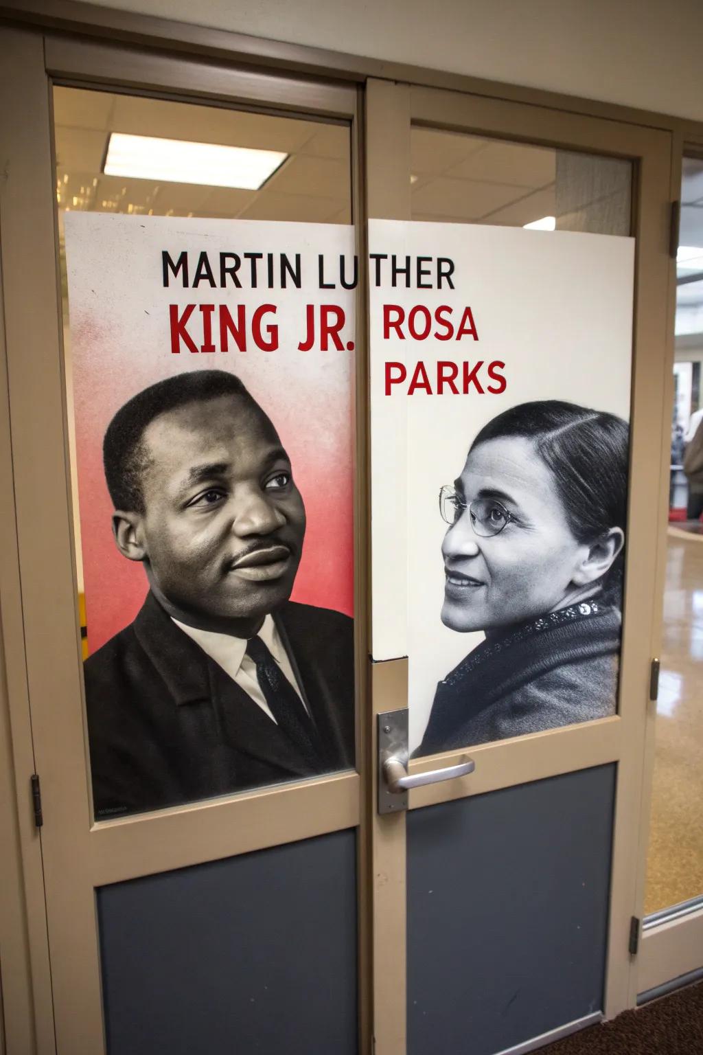 A door honoring Martin Luther King Jr. and Rosa Parks through powerful images and words.